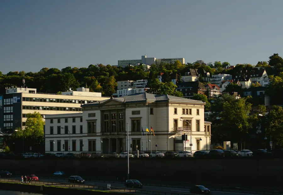 The Saar riverfront in Saarbrücken, Germany, in evening light